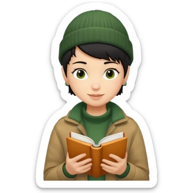 tan skin, non binary person with pixie cut black hair, wearing brown jacket and dark green beanie, shy smile , reading  book  sticker