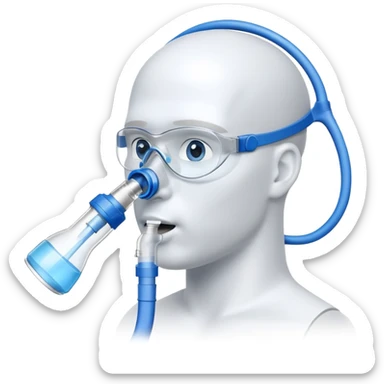 Blue VO2 max testing mouthpiece with breathing valve and tube, laboratory equipment isolated sticker