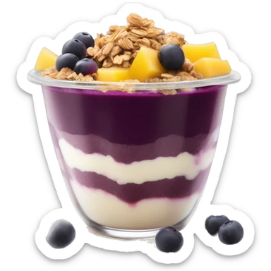 Açaí in a clear cup with layers of fruits and granola and condensed milk sticker