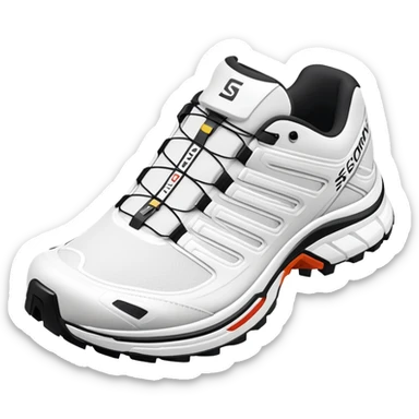 Ultra minimalist white Salomon XT-6 shoes, extremely simplified iOS emoji style, one behind the other, flat colors, very basic lines, essential details only, clean design sticker