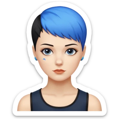 frau, kein kind freche extreme schwarze Kurzhaarfrisur eine Seite wirklich fast keine Haare andere Seite mit blauer Strähne kurze Seite noch viel kürzer sticker