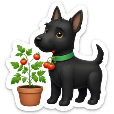 Black Scottie dog gardening with herbs and tomatoes sticker