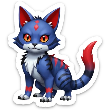 Shiny colorful exotic midnight blue-gray-black, with red markings, white belly, scaley scaly batty feline-like quadrupedal digitigrade furry feral Bastet-Noibat-Gatomon-Garchomp-Digimon-Fakémon-Pokémon-creature (full body) sticker