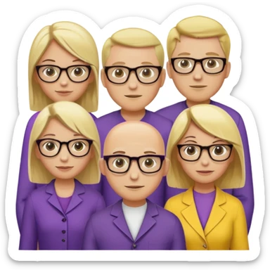 FIVE person team; 2 men and 3 women.  All dressed in yellow or purple.  2 caucasian women have blonde and 1 has ash blonde hair tied up.  1 man is black and bald, 1 man is caucasian and very little hair left.  All have glasses sticker