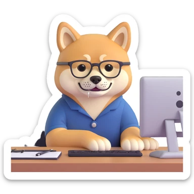 shiba inu with eye glasses and computer sticker
