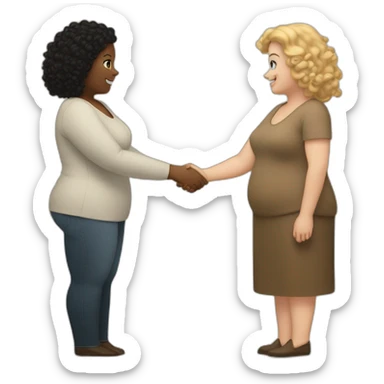 tan chubby woman with black curly hair shakes hands with a chubby pale woman who has straight light brown hair sticker