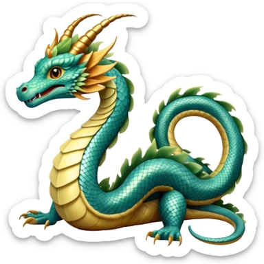  serpent dragon. Slim, serpentine body with smooth scales in soft blues and greens. Fluffy leaf plumes replace the tail fins, and a terracotta crown-like crest adorns its head. Gentle amber eyes. it should be similar to traditional chinese dragons. no legs. snake-like body. sticker