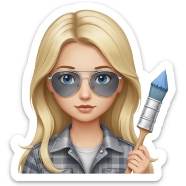 girl with long blond hair, wearing grey plaid shirt with blue eyes and aviator sunglasses wearing a ring on her silver necklace, holding a paint brush roller with a small bit of white paint on her face sticker