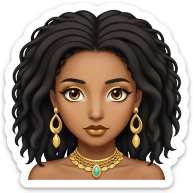 Brown skin women with black shoulder length locks, eyelashes and a lot of gold jewellery  sticker