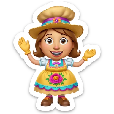 Create a 3D Pixar-style Mrs. Potato Head character with a rounded, slightly uneven shape, expressive eyes, a wide smile, and cartoonish limbs, dressed in a colorful apron with intricate embroidery, a vibrant hat adorned with a feather sticker
