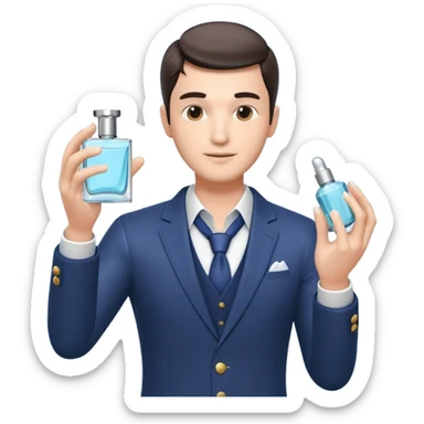 stylish man spraying perfume, holding a perfume bottle, mist spray in the air, elegant pose, 3D cartoon, mobile game icon style, clean background, no text, no watermark

 sticker