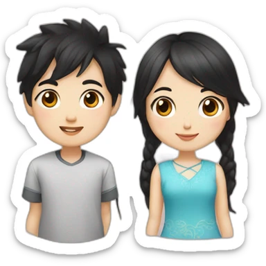 Chinese boy with black hair with Kazakh girl with black and long hair sticker