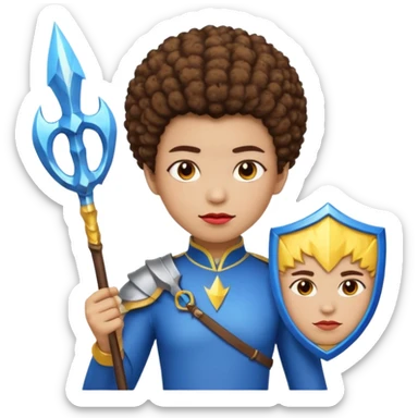 Emoji metisse femboy mais plus masculin avec drapeau ukrainien arriere plan, un afro, sourcils rouge, fourche trident, et eclairs et sur fond bleu clair irrisé. Peau lightskin, yeux marron et cheveux marron bouclés mais en mode afro pixi cut sticker
