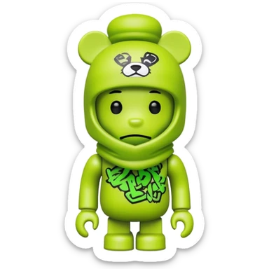 bearbrick toy wearing a lime green balaclava with graffiti style artwork sticker