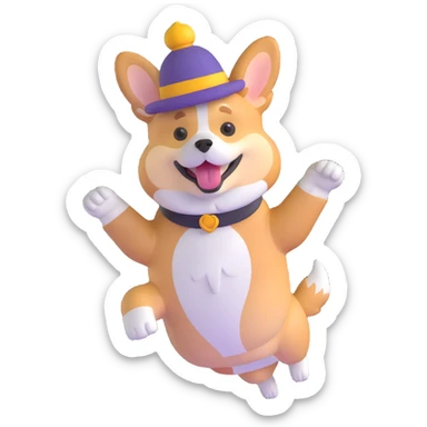 corgi dog jumping with a cute hat sticker