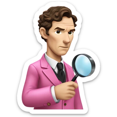 Benedict Cumberbatch-like Sherlock Holmes all in all intensive pink suit holding magnifying glass, upper body sticker