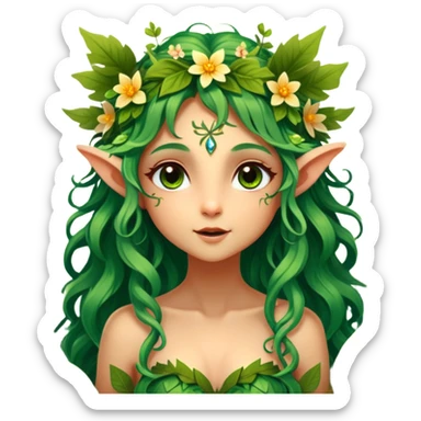 Cinematic Realistic Forest Nymph Fairy Portrait, head tilted playfully and inquisitively, showcasing a nature-inspired form with intricately detailed, sunlit tanned skin and cascading hair interlaced with leaves and blossoms. Her bright, curious eyes sparkle with forest mischief, rendered with lifelike clarity and warm, dappled lighting that captures the spirit of an enchanting woodland fairy ready to dance among the trees. sticker