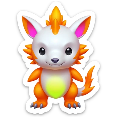 Tropical futuristic lush warm-colored neon-colored Digimon-Fionbri-creature sticker
