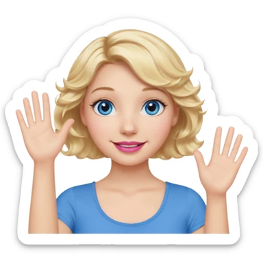 Girl Blonde short wavy hair,  blue eyes, cute blue top, long lashes, pink lips, waving hello  sticker