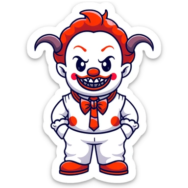 full-body demonic clown in a white leisure suit with bellbottom pants, bald, with black ram horns, flashy belt, ruffled shirt, no neck tie, large fangs in mouth sticker