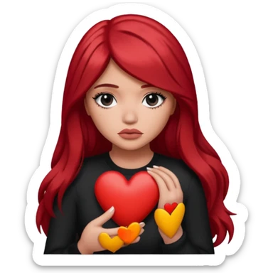 A Kylie Jenner with long red hair is sad and holds a black heart in her hands sticker