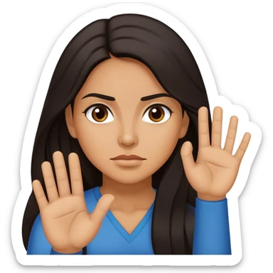 Hispanic woman with long hair, determined, hand out saying “no” sticker