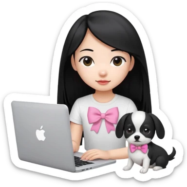Asian girl long black hair, wearing a white t-shirt, working on an Apple laptop, next to her is a small black and white dog in pink bow sticker