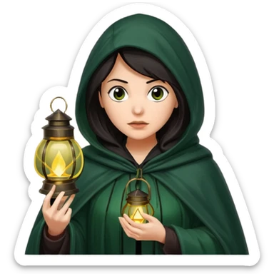 traitor tv show, dark haired woman wearing dark green cloak with hood up who looks very evil, is holding up a lantern, and looking down sticker