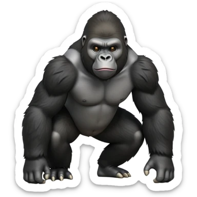 cinematic-friendly gorilla-realistic-full-body-crouched on all fours-emoji,-broad-and-powerful-frame-poised-with-confidence,-massive-arms-hanging-slightly-forward,-head-tilted-thoughtfully,-thick-black-fur,-deep-dark-eyes-full-of-intelligence,-simplified-yet-realistic sticker