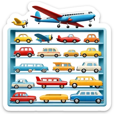 Icon for Toy Collecting: a collection of various vintage toys such as dolls, plush animals, tumblers, cars, planes, ships, action figures, displayed neatly on shelves or in display cases. The icon should evoke the joy and nostalgia of collecting toys. Transparent background. sticker