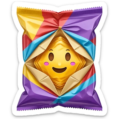 realistic illustration, shiny and detailed snack wrapper, folded and crumpled shape,  sticker