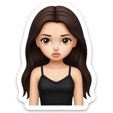 generate a pretty fair bratz girl with long dark brown hair looking sad. Wearing a black cami sticker