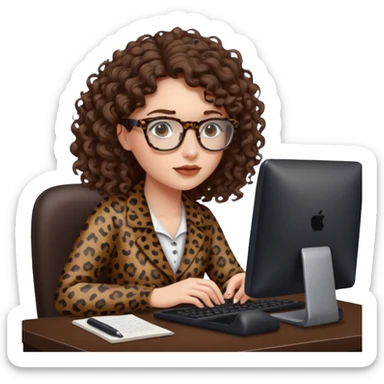a white young woman with curly brown hair typing in a computer, she's using dark brown leopard glasses and clearly writing something sticker