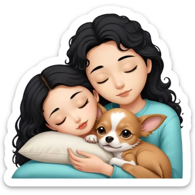 Coquette teenage cute asian black hair girl sleeping with brown longhair chihuahua and guy with black curly hair sticker