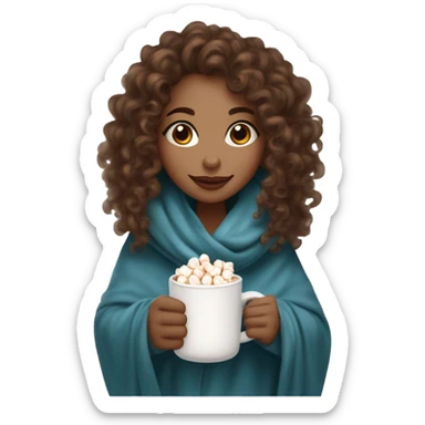 Light skin girl with brown curly hair under our blanket, make it so you can see the curly hairsipping hot cocoa with marshmallows, cuddled around the blanket, long curly hair, long, medium lashes sticker