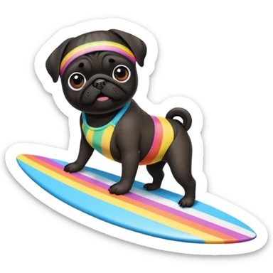 Black pug surfboarding in a rainbow bikini sticker