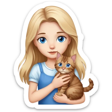 A blonde blue eyes girl holds a brown Maine Coon cat in her arms sticker