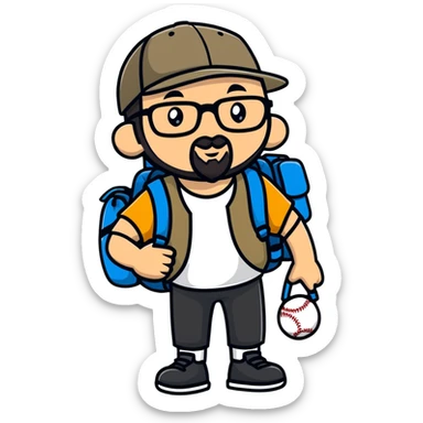 adventurer with backpack, small beard, glasses and backwards baseball cap sticker
