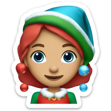 Make a Christmas elf wearing a red dress with a nice golden pattern, a nice hat and Christmas earring. The elf is a teenage girl and should have dark brown long hair and ocean blue eyes, with a big nice smile on her face  sticker