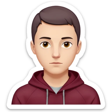 young white European male with short buzzcut dark hair, smooth clear skin, wearing a maroon hoodie with the hood up, oval-shaped face, defined jawline, high cheekbones, symmetrical features, sharp focused eyes, straight prominent eyebrows, calm neutral expression sticker