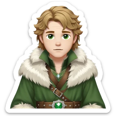 Medieval winter outfit worn by a DnD themed fantasy male character. Heavy olive green wool tunic with lynx fur collar, secured with ornate silver fastenings and a thick embossed leather belt. Clothes only above the waist, full waist coverage. The character has no arms. Character is white-skinned with golden brown hair, forest green eyes, and shoulder-length wavy hair with ice-crystal highlights. sticker