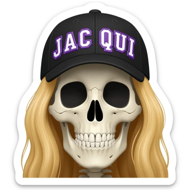 Create a skeleton head wearing a black baseball cap that says " J A C Q U I " in purple, and white lettering, with long blonde hair sticker