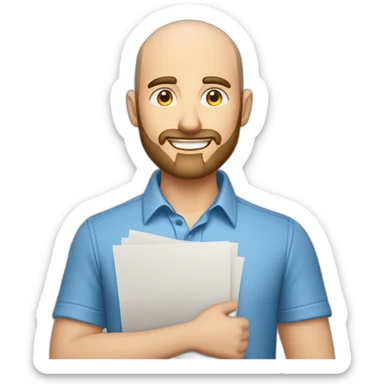good looking caucasian male with small beard and almost bald smart casual blue shirt holding papers sticker