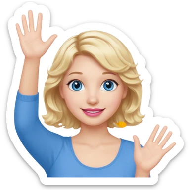 Girl Blonde short wavy hair,  blue eyes, cute blue top, long lashes, pink lips, smiling, waving hello  sticker