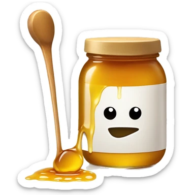 A jar of honey with a honey grooved spoon that is dripping honey  sticker