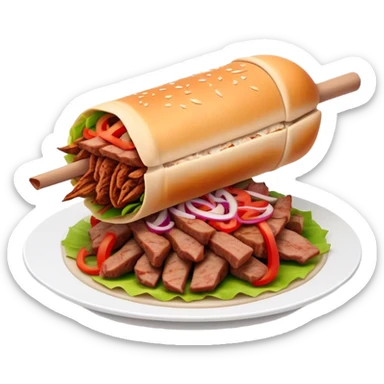 Cinematic Realistic Doner Kebab Dish Emoji, showcasing succulent, spiced meat shaved from a rotating spit rendered with lifelike detail and dynamic, appetizing lighting. sticker