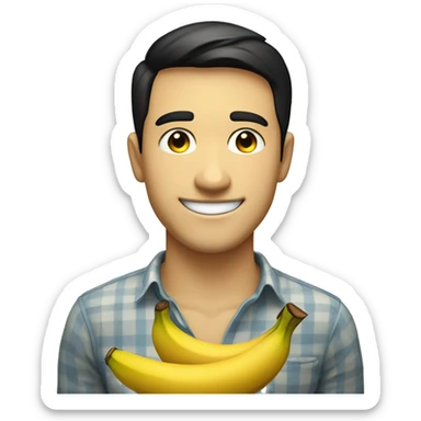 Handsome young man smiling face emoji. Closed eyes, slightly blushing cheeks. Short black hair. Big smile. Wearing a yellow shirt with a smiling banana pattern. Playful expression with a slight touch of defiance sticker