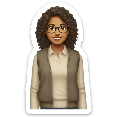 smiling indian teenage girl with curly hair and glasses wearing a collared long sleeve white shirt under a beige sweatervest sticker