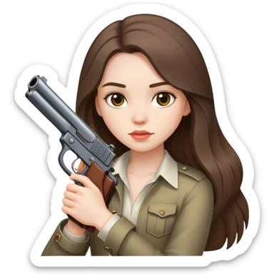beautiful pale brunette girl with long hair with a short gun sticker