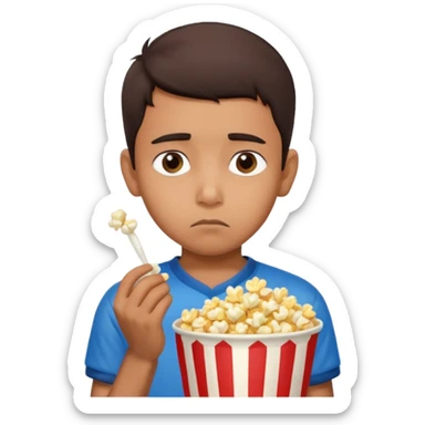 an indian boy wearing indian cricket jersey and eating popcorn and looking sad sticker